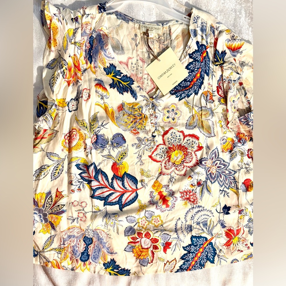 Cynthia Rowley Cream Blouse with Blue and Pink Floral Print
